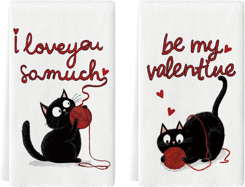 Artoid Mode Black Cats Ball Love Hearts Valentine's Kitchen Towels Dish Towels, 18x26 Inch Anniversary Wedding Decoration Cleaning Set of 2