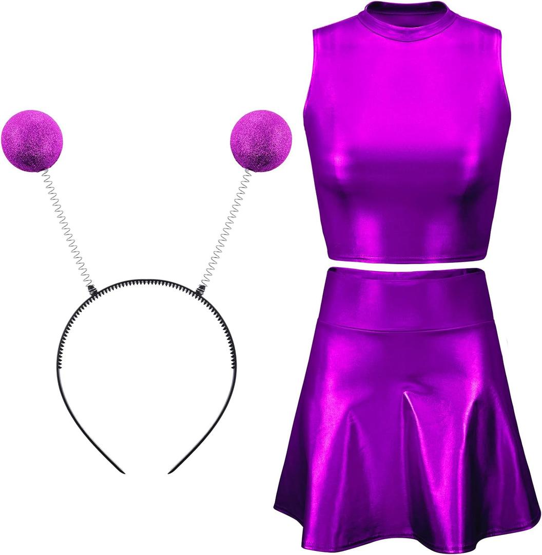 Metallic Top Sleeveless Crop Tank Top Pleated Skirt with Headband for Raves Halloween Cosplay (Large, Purple)
