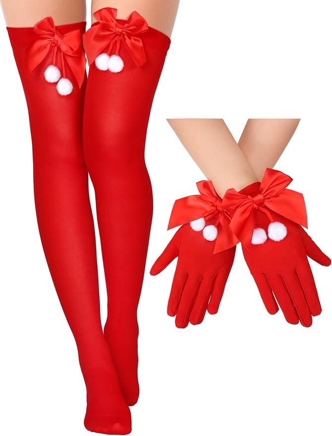 Red Women Christmas Stockings And Gloves Fishnet Lingerie
