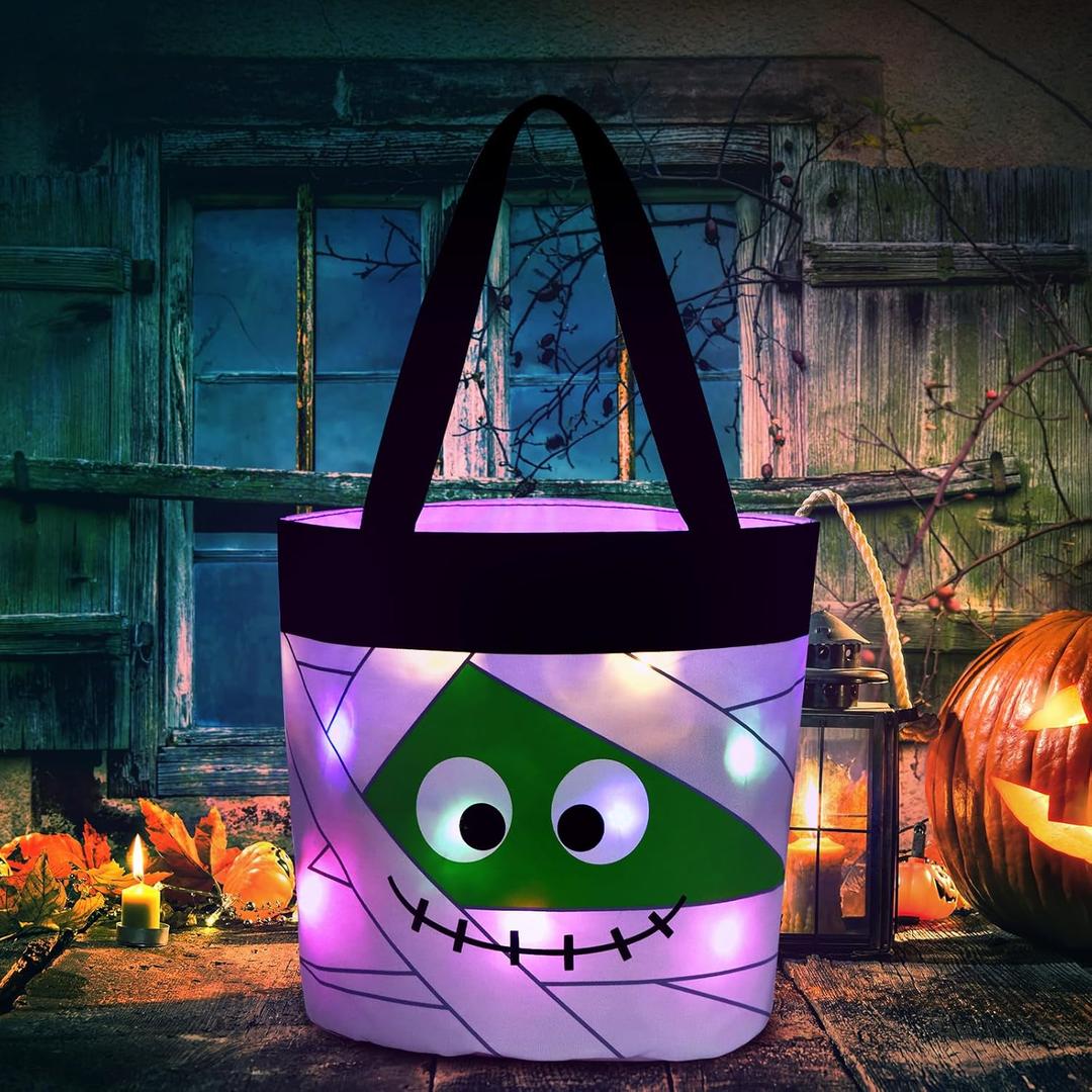 Halloween Trick or Treat Candy Bags LED Light Up Pumpkin Bucket, Collapsible Reusable Candy Basket, Fabric Tote Gift Goody Bags for Kids Halloween Party (White)