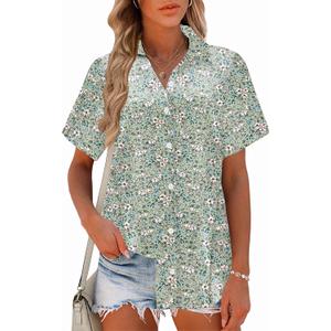 Zeagoo Women Linen Button Down Shirts Short Sleeve Blouse Business Casual Tops Dressy Summer Outfits (Small, Green Ditsy)
