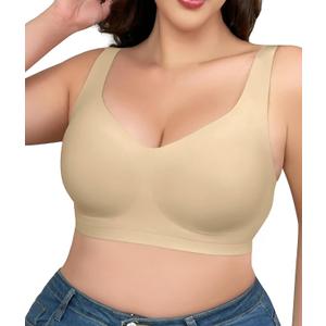 SHAPERX Bras for Women No Underwire Seamless Oversized Everyday Bra Comfort Wireless Padded Soft Support Bralette (Beige, L)