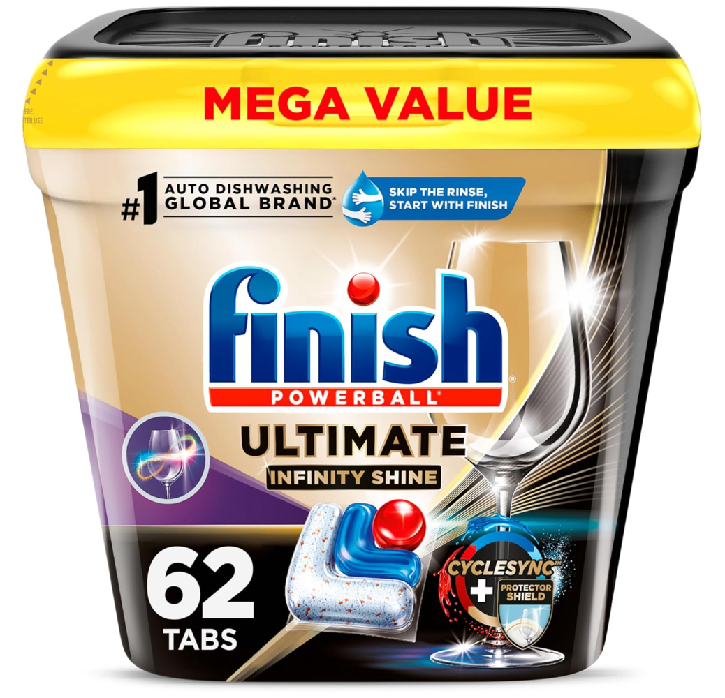 Finish Ultimate Quantum Infinity Shine Dishwasher Pods, New & Improved Formula, Dishwasher Detergent Dish Soap, Removes BurntOn & DriedOn Stain, Degreasing, Scrubbing, & Shining Power, 62 Count