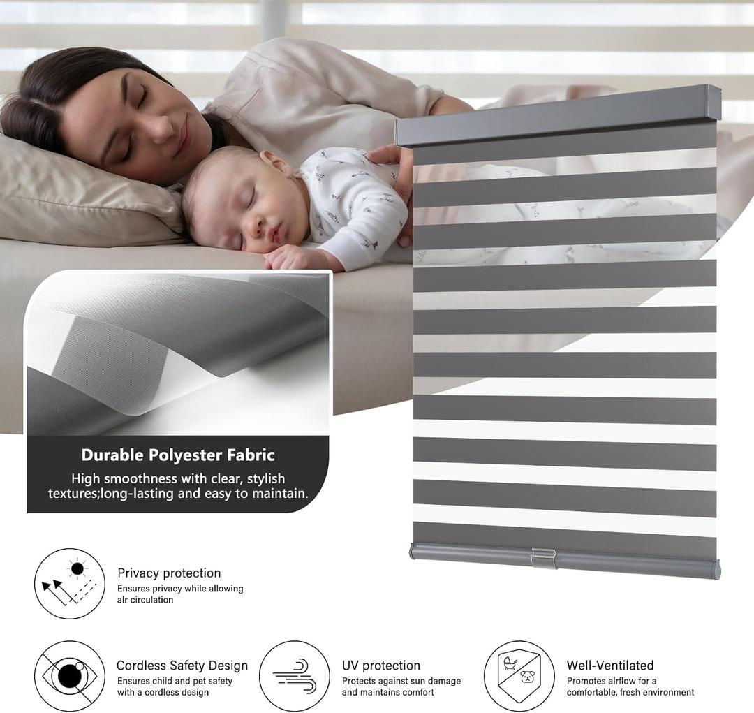 AOSKY Cordless Zebra Blinds for Windows Pull Down Roller Window Shades Dual Layer Light Filtering Privacy for Day and Night, Free-Stop Door Shades for Home Easy to Install (51" W X 72" H, Grey)