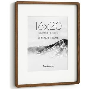 Fun Memories 16x20 Picture Frame, Solid Walnut Wood 16 x 20 Frame with Real Glass, Hard Wood 16 by 20 Photo Frame for Wall & Tabletop Display, 16x20 Picture Frame Matted to 11x14, Natural Walnut Color