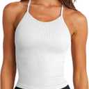 LASLULU Womens Sports Bra Seamless Long Crop Tank Racer Back Spaghetti Strap Workout Yoga Bra Padded Halter Neck Casual Tops (White, M)