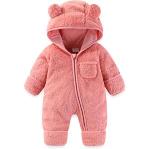 Newborn Baby Bear Outfit With Fold-Over Mittens and Footies Girls Boys Winter Fleece Clothes Hooded Romper Snowsuit (3-6 Months, Pink)