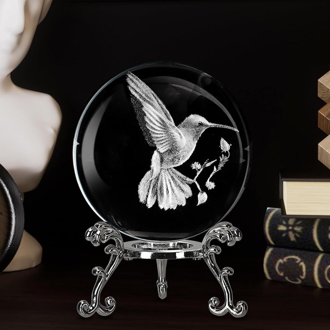 Hummingbird Crystal Ball, 2.4inch Glass Ball Fengshui Figurines Decorative Presents with Stand, Paperweight Crystal Display Sculpture Home Decor for Girlfriend Wife Mom Lover