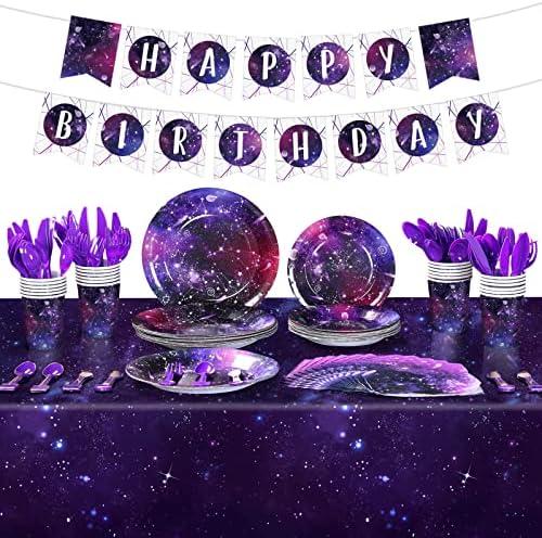Tiamon 171 Pcs Galaxy Space Party Decoration Tableware Set Space Theme Birthday Decoration Galaxy Tablecloth Paper Plates Napkins, Birthday Banner for 24 Guests Party Supplies (Vivid Style)