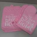 GROBRO7 6Pcs Funny Oven Mitts Pot Holders The Kitchen is The Heart of The Home Heat Resistant Hot Pad Machine Washable Gloves with Hanging Loop Pocket Hot Pad for Baking Cooking Pink