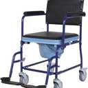 Steel Commode Wheelchair for Adults with Flip-Up Armrests, Padded PVC Seat, 5” Wheels with Brakes, Removable Bucket & Footrests