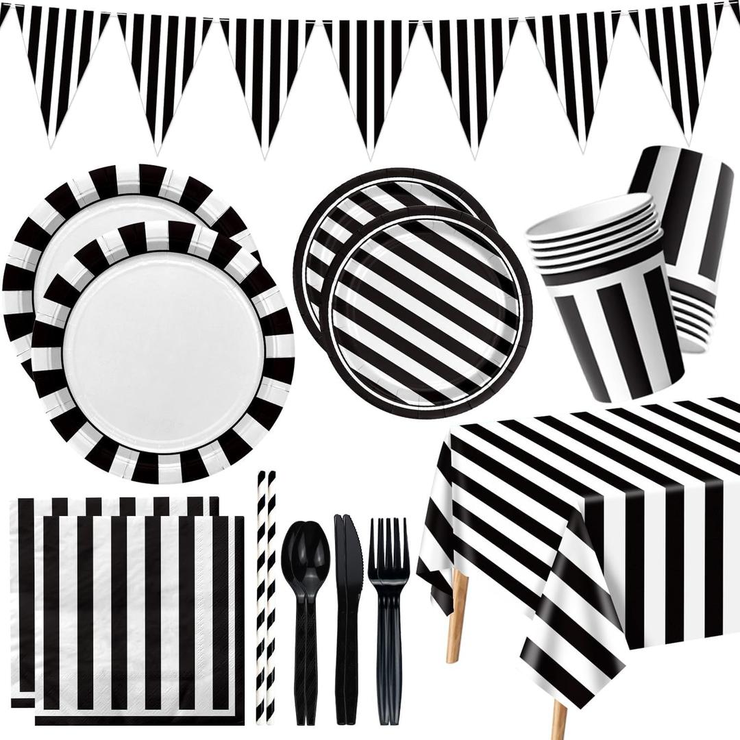 Black and White Striped Party Supplies, Black and White Party Decoration with Dinner Plates Napkins Tablecloth Cups Flags for Birthday Wedding Baby Shower Graduation