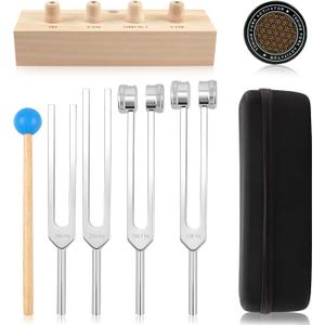 Tuning Forks for Healing Set Includes 128Hz, 136Hz, 256Hz, 384Hz, & Activator, Bamboo Base, Rubber Hammer, Portable in Black Luggage Sound Healing Instruments for Chakra, Yoga, and Meditation (Tuning Fork 5set)
