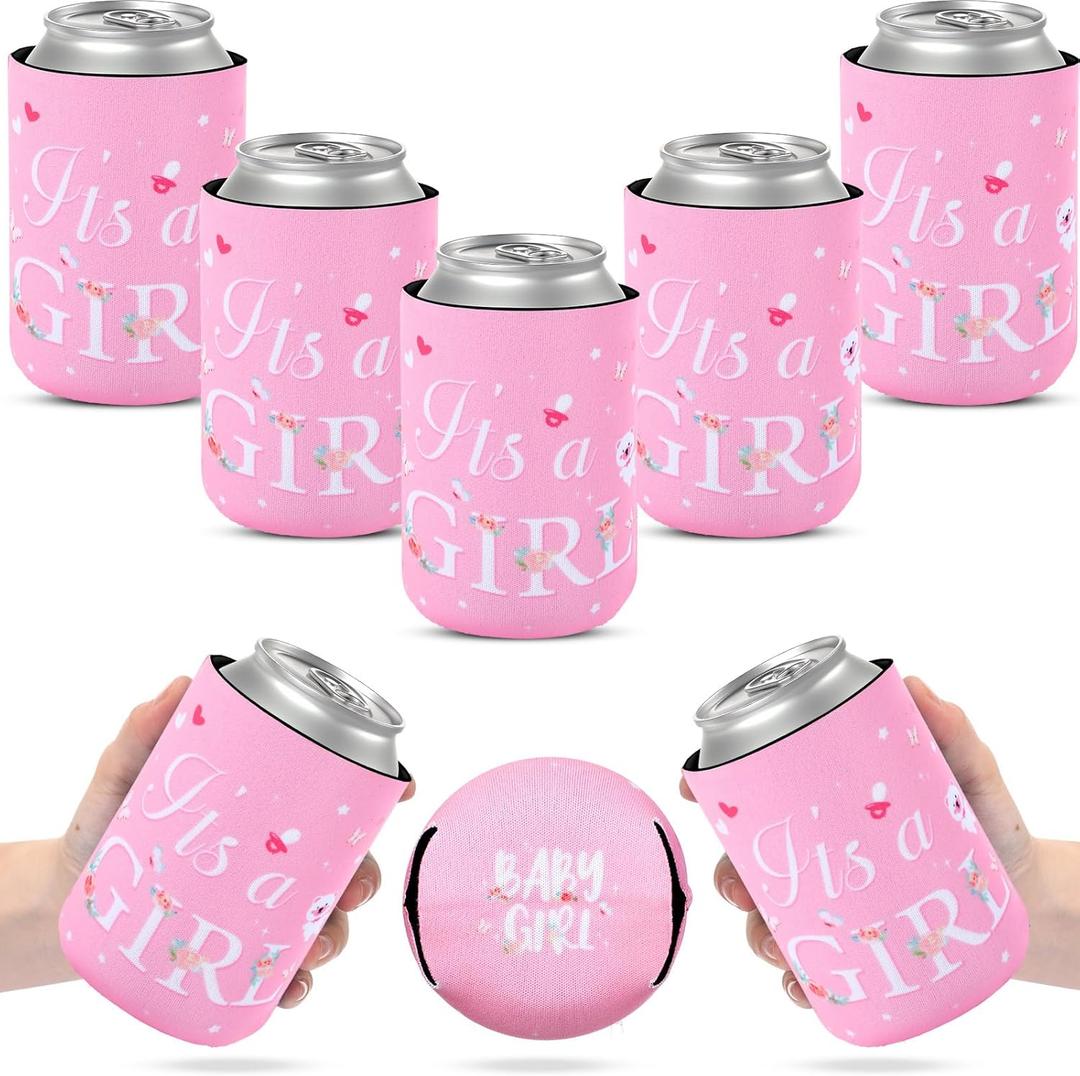 24 Count Baby Girl Shower Decorations It's a Girl Baby Shower Party Can Cooler Sleeves Pink Neoprene Beverage Sleeves for Sprinkle Decorations Gender Reveal Party Favors
