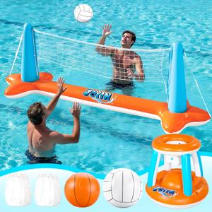 JOYIN Inflatable Pool Float Set Volleyball Net & Basketball Hoops, Floating Swimming Game Toy for Kids and Adults, Summer Floaties, Volleyball Court (105x28x38)|Basketball (27.6x23),L-Orange