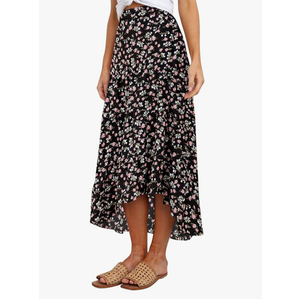 Women's Midi Skirt Split Floral Ruffles Buttons in Back (Small)