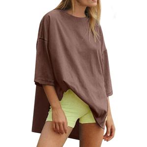 Oversized Tshirts for Women 3/4 Length Sleeve Casual Workout Tops Loose Fit Gym Shirts Side Slit Basic Tees Tunic (Brown, S)
