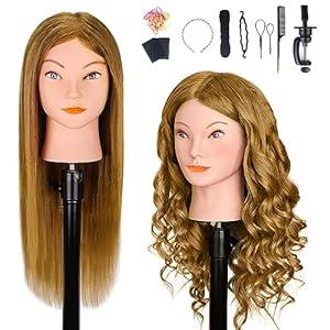 Mannequin Head with 100% Human Hair, MYSWEETY Doll Head for Hair Styling, Manikin Head Cosmetology Makeup Hairdressing Training Head with Clamp Holder and Tools (18" Brown, Makeup)