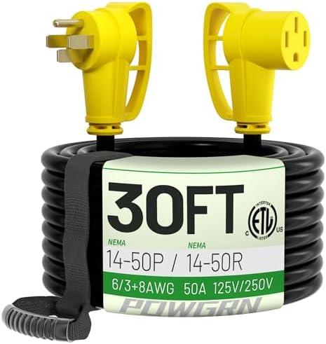 POWGRN 50 Amp RV/EV Extension Cord 30 FT Outdoor with Grip Handle, Flexible Heavy Duty 6/3+8/1 Gauge STW 4 Prong RV Power Cord Waterproof with Cord Organizer, NEMA 14-50P to 14-50R, Black-Yellow, ETL