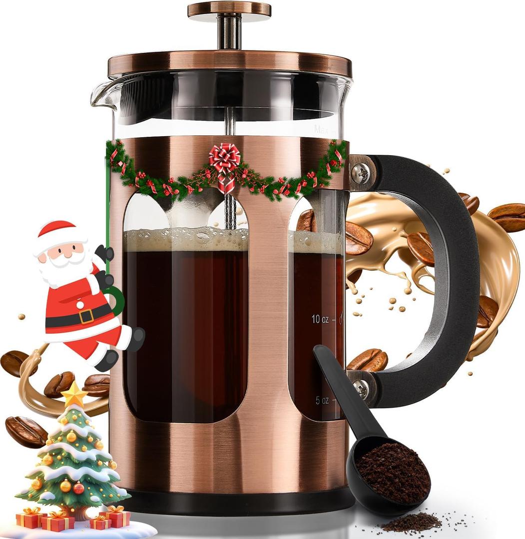 BAYKA 21 Ounce 0.6 Liter French Press Coffee Tea Maker Small, Heat Resistant Thickened Borosilicate Glass Stainless Steel Single Serve Brewer, Cold Brew Cafetera Teapot, Copper