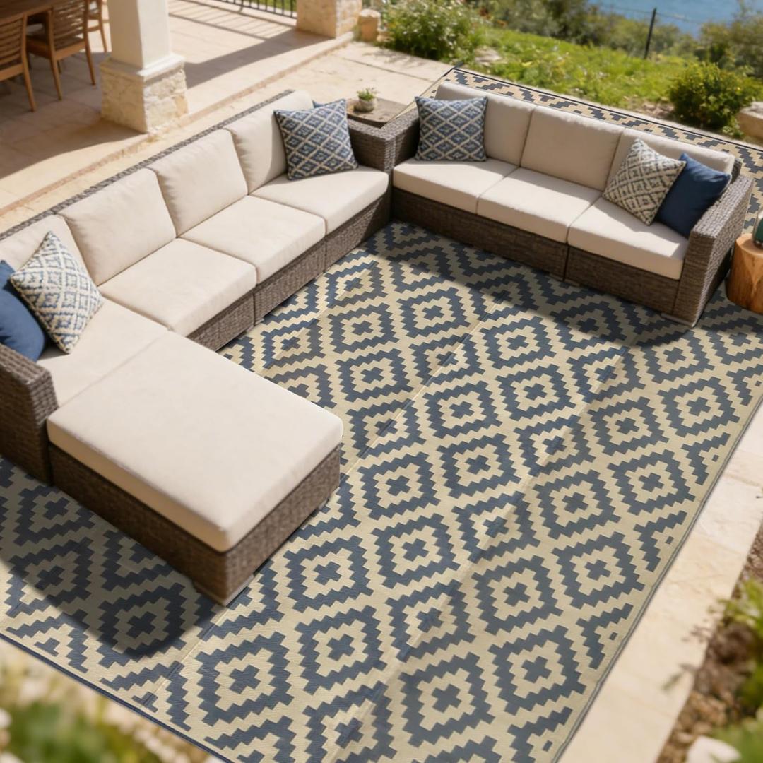 SAND MINE Reversible Mats, Plastic Straw Rug, Modern Area Rug, Large Floor Mat and Rug for Outdoors, RV, Patio, Backyard, Deck, Picnic, Beach, Trailer, Camping (10' x 20', Grey Tan Lattice)
