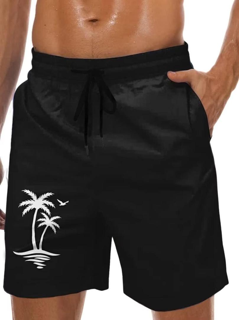 Men's Swim Trunks Hawaiian Bathing Mesh Lining Suit Swimsuits Beach Shorts with Pockets (Medium, Black-coconut Tree)