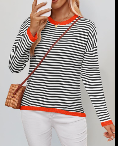 ZESICA Women's Fall Striped Sweaters Long Sleeve Crew Neck Shirts Color Block Lightweight Pullover Tops, Small