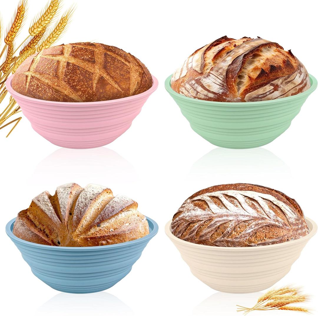 4Pcs Silicone Banneton Bread Proofing Baskets, 9" Round Foldable Non-Stick Dough Proofing Bowl Containers-BPA Free, Optimum Sourdough Bread Baking Supplies