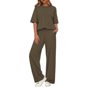 BTFBM Summer Outfits For Women 2026 Two Piece Sets Casual Short Sleeve Spring Tops Wide Leg Pants Matching Lounge Set (Green, S)