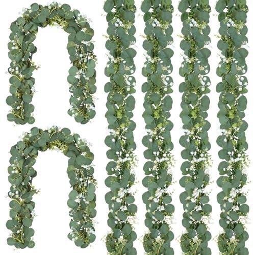 CQURE 6 Pack 5.9Ft Eucalyptus Garland,Artificial Eucalyptus Flowers Leaves Table Greenery Garland Wreath Vines for Wedding Party Table Bedroom Wall Decor