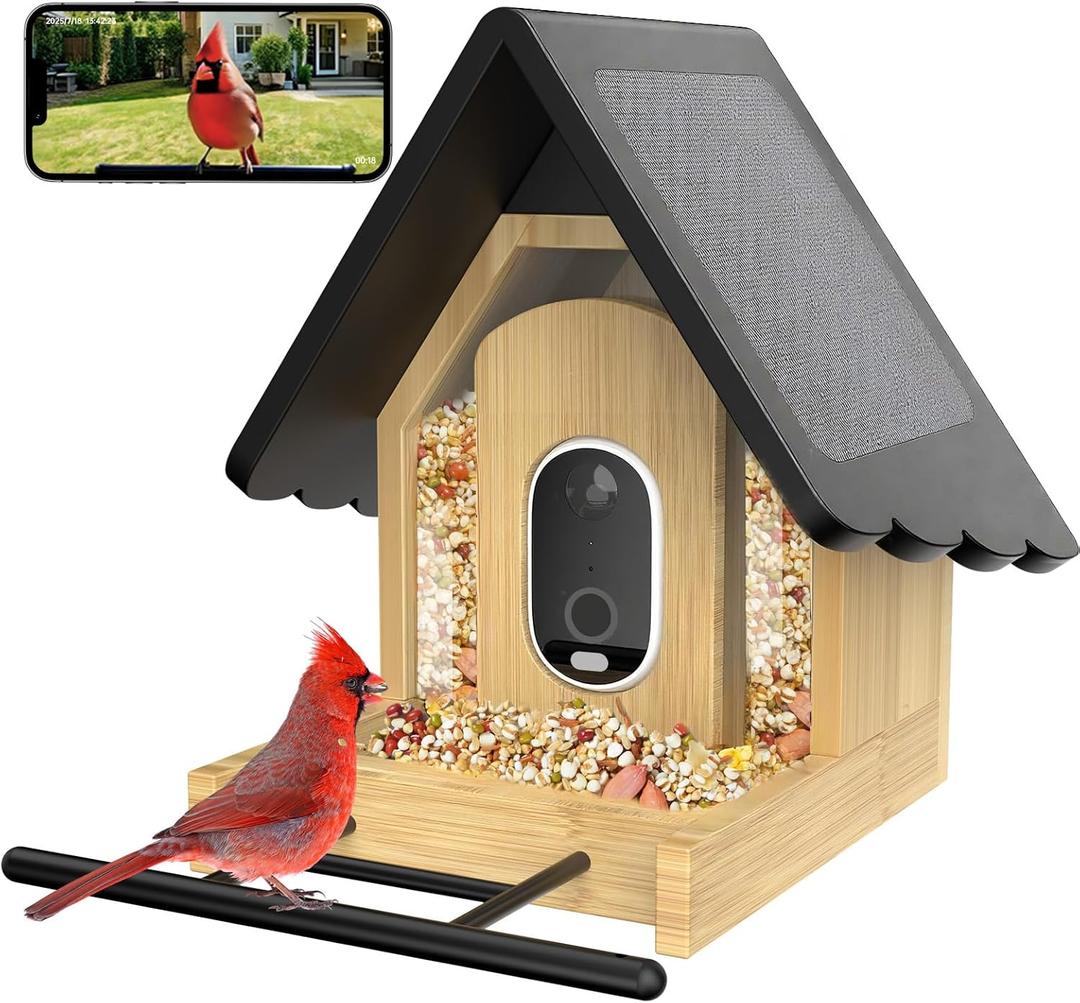 Smart Bird Feeder with Camera - 2K HD Solar Powered Outdoor Bird Camera AI Recognition Birdfeeder Cam IP65 Waterproof Remote Monitoring for Backyard Birds Ideal Gift for Birds Lovers