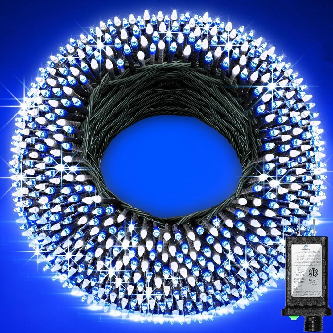 750 LED 240FT Christmas String Lights Outdoor, 12 Pro Modes and Timer Memory & Brightness, Plug in Waterproof Dark Green Wire Twinkle Light for Xmas Yard Tree Wedding Party Decor (Blue & White)