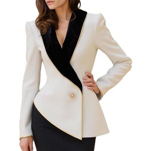 Women's Asymmetrical White Blazer with Black Contrast Lapels,Elegant 2 Tone Jacket with Gold Button,Business,Formal,Evening, Size Small, Shoes White,  Size 8.5