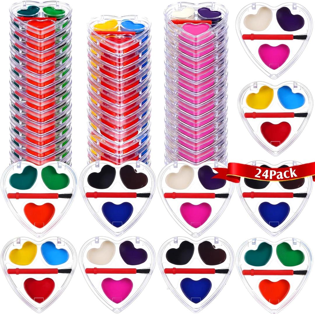 24 Pack Heart Shape Watercolor Paint Set 12 Colors Washable Paint with Paintbrush Water Color Wedding Gift for Prizes Art Activity Party Favor Supplies