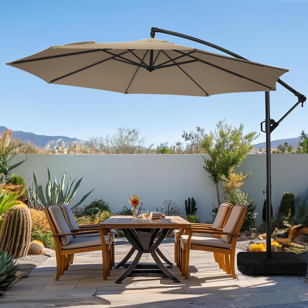 wikiwiki 10ft Patio Umbrella with Base Included, Outdoor Offset Cantilever Umbrella, Infinite Tilt, Crank and Cross Base, Tan