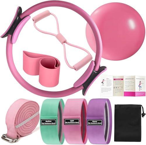Pilates Ring Kit for Women Home Workouts Better Pilates Essentials Kits Equipments Sets Accessories Magic Ring Booty Bands Glutes Yoga Ball 25cm Figure 8 Resistance Yoga Bands for Stretching 8 Pcs (pink)