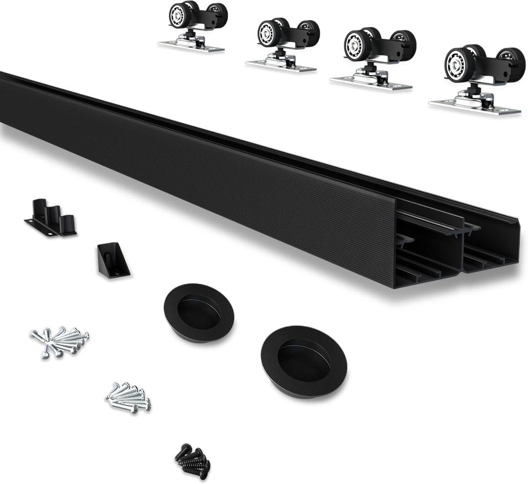 JUBEST 5FT Heavy Duty Bypass Door Hardware with Finger Pulls,Sturdy Aluminum Sliding Closet Door Track for 2 door System,Quietly and Smoothly,Fit Door Thickness 1 3/8" or 1 3/4",Easy to Install, Black