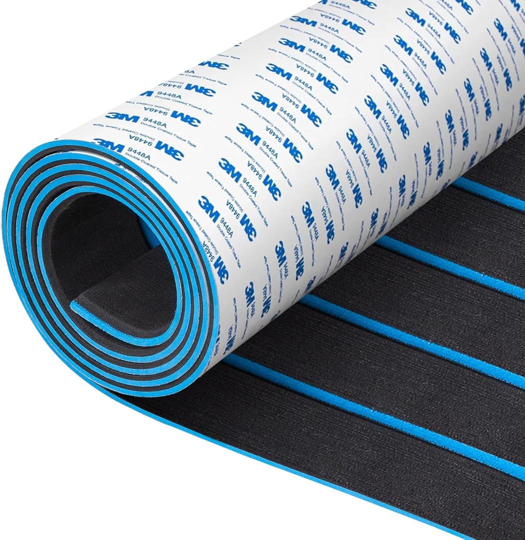 Fullfire Boat Flooring EVA Foam Decking Sheet, Faux Teak Marine Flooring with Self-Adhesive Backing Marine Carpet for Boats Yacht Kayak RV Floor 47" x 16" Black with Blue Lines