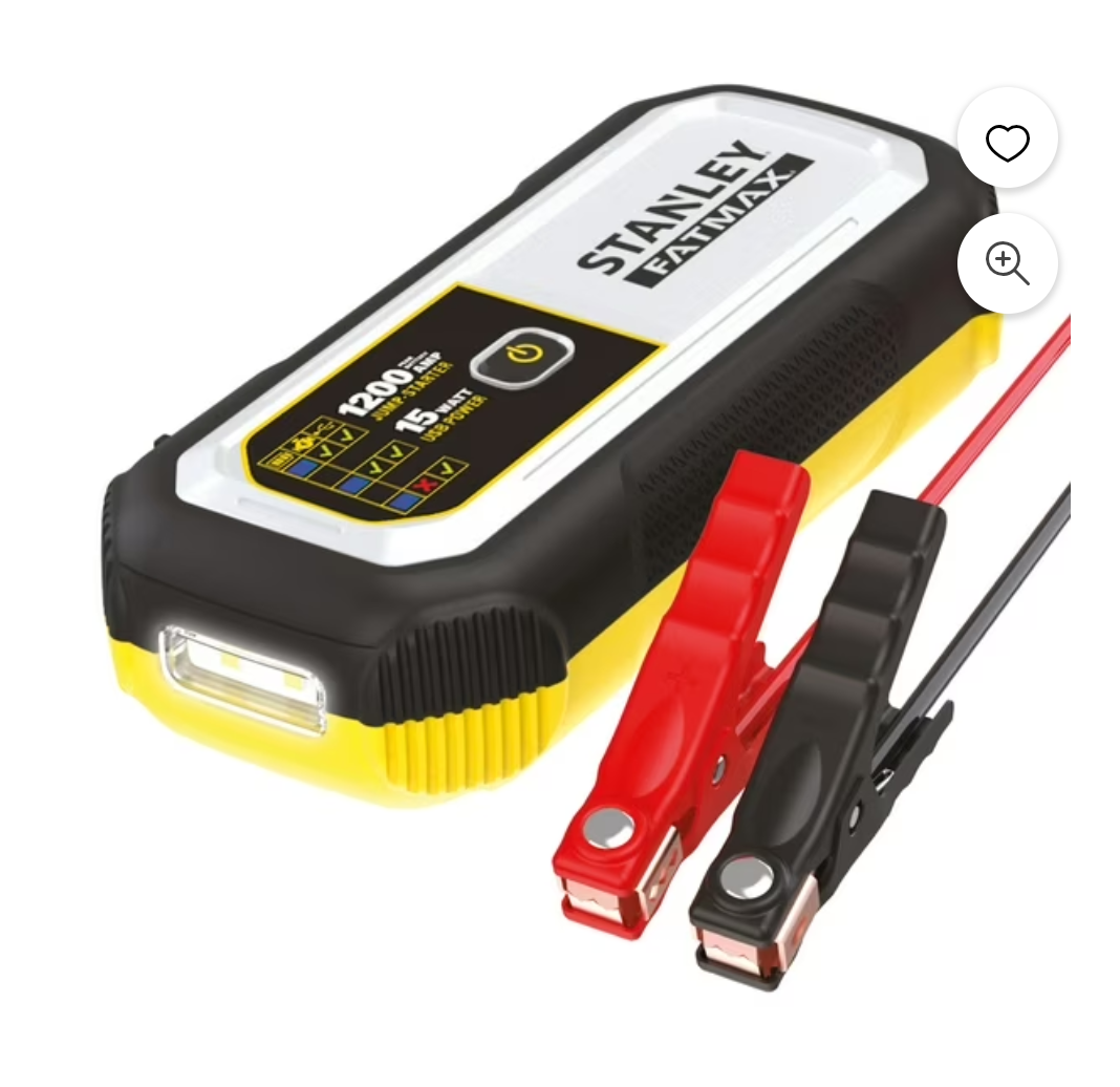 Stanley FatMax 1200A, Lithium Jump Starter with 15 Watt USB-A and USB-C Power, Includes clamps