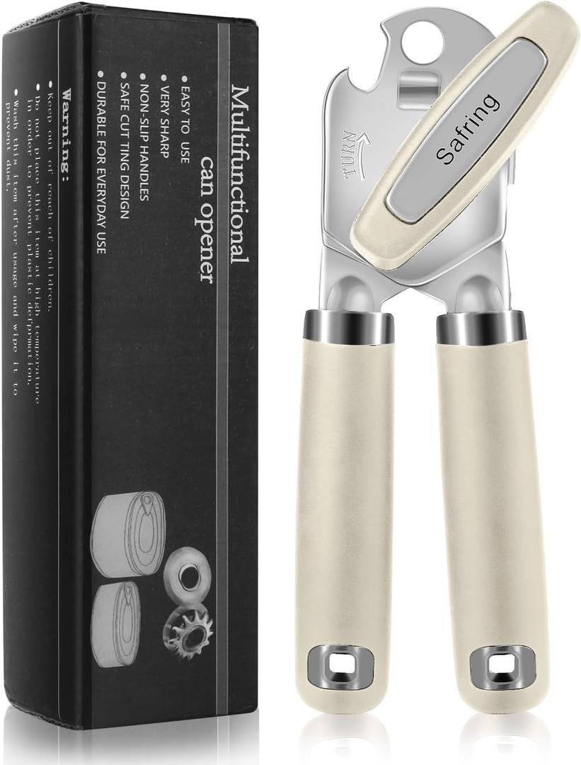 Can Opener Manual, Heavy Duty Handheld Strong Can Opener with Soft Touch Handle, Sharp Blade Smooth Edge, Can Openers with Multifunctional Bottle Opener, Beige