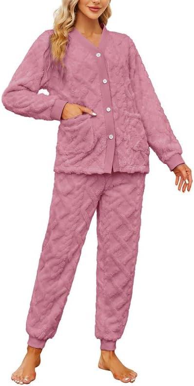 HEARTNICE Women Fuzzy Pajama Set Warm Fluffy Long Sleeve Sleepwear Plush Loungewear Thermal Nightwear with Pockets (Pink, S)