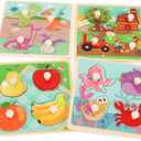 Wooden Peg Puzzles for Toddlers 1-3, Kids' Educational Preschool Peg Puzzle Toy, Set of 4 Toddler Puzzles - Farm, Dinosaur, Fruit and Marine Animals, Ideal Gift for Ages 1 2 3 Boys and Girls