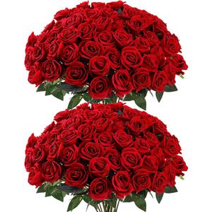 Sggvecsy 50 Pcs Artificial Roses Red Flowers Fake Velvet Silk Roses with Stems Bulk Realistic Faux Flowers for Bridal Bouquets Wedding Centerpieces Valentines Day DIY Home Party Decor (Red)