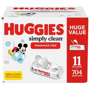 HUGGIES Simply Clean Baby Wipes Flip Lid Packs 704 Wipes Total, White, Unscented, Count of 11