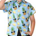 Boys' Hawaiian Shirts Short Sleeve, Tropical Button-Down Shirts for Youth Kids 5-14 Years Summer Vacation Beach Swim (Blue, M)