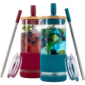 Pandaloo Glass Cups With Lids and Straws -20 Fl Oz- Perfect Size Iced Coffee Cup - Smoothie Cup With Bamboo Lid and On the go Lid - Glass Tumbler (2 Count (Pack of 1), Boysenberry-Intense Teal)
