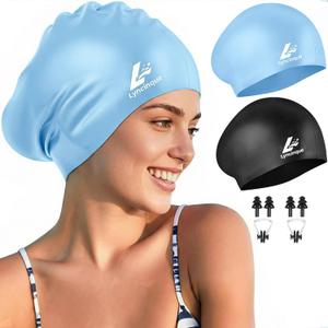 Silicone Swim Caps, 2 Pack Durable Comfortable Adult Swimming Cap Elastomeric for Women Man Short Hair Long Hair