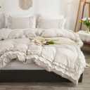 Beige Ruffled Duvet Cover Set Queen Size Vintage Ruffle Fringe Comforter Cover with 1 Row of Handmade White Ruffle,Farmhouse Rustic Microfiber Bedding,Zipper Closure,3 Pieces(No Comforter)