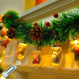 Christmas Garland with Lights, 8.2 FT Battery Operated Powerd 12 LED Bulb Lights Pine Cones Red Berry Decorations Lighted Xmas Lit Prelit Indoor Outdoor Window Home Mantle Fireplace Office Table Decor