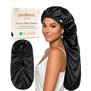 YANIBEST Satin Sleep Bonnet for Natural Hair - Extra Double Layer Long Adjustable Silk Hair Bonnet for Braids, Locs, Curls - Womens Night Hair Protection Cap (Large, Black)